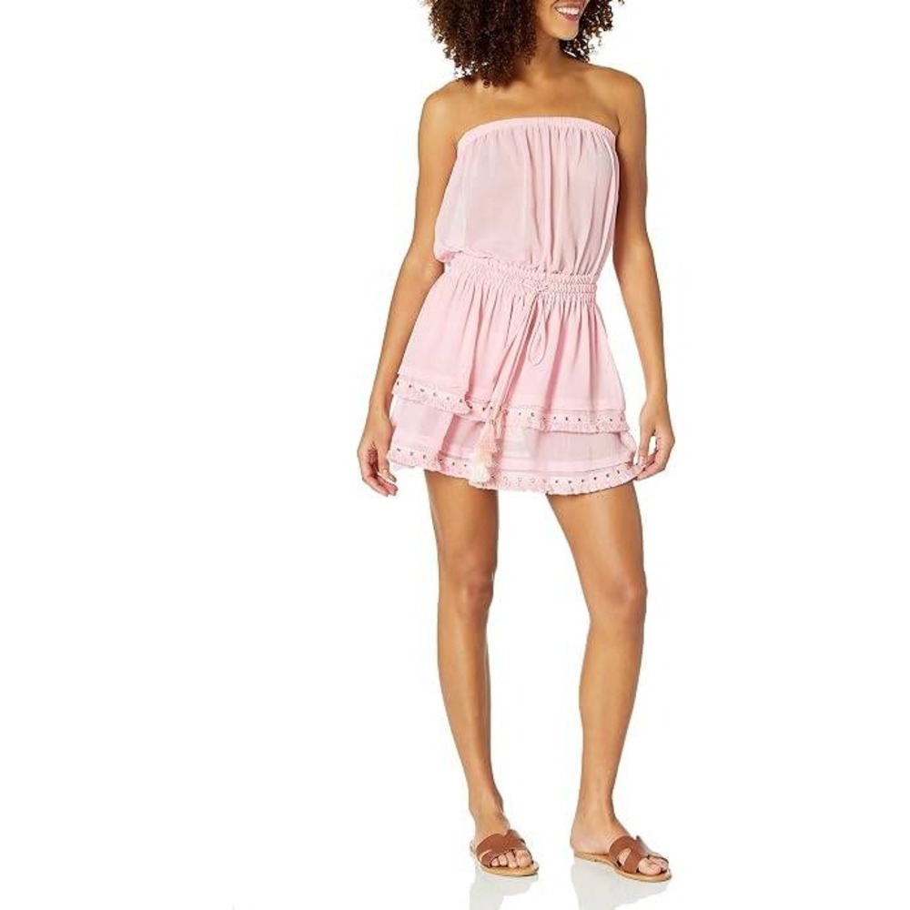 Ramy Brook Shiloh Dress Strapless Tiered Mini Eyelet Fringe Pink Size‎ Large